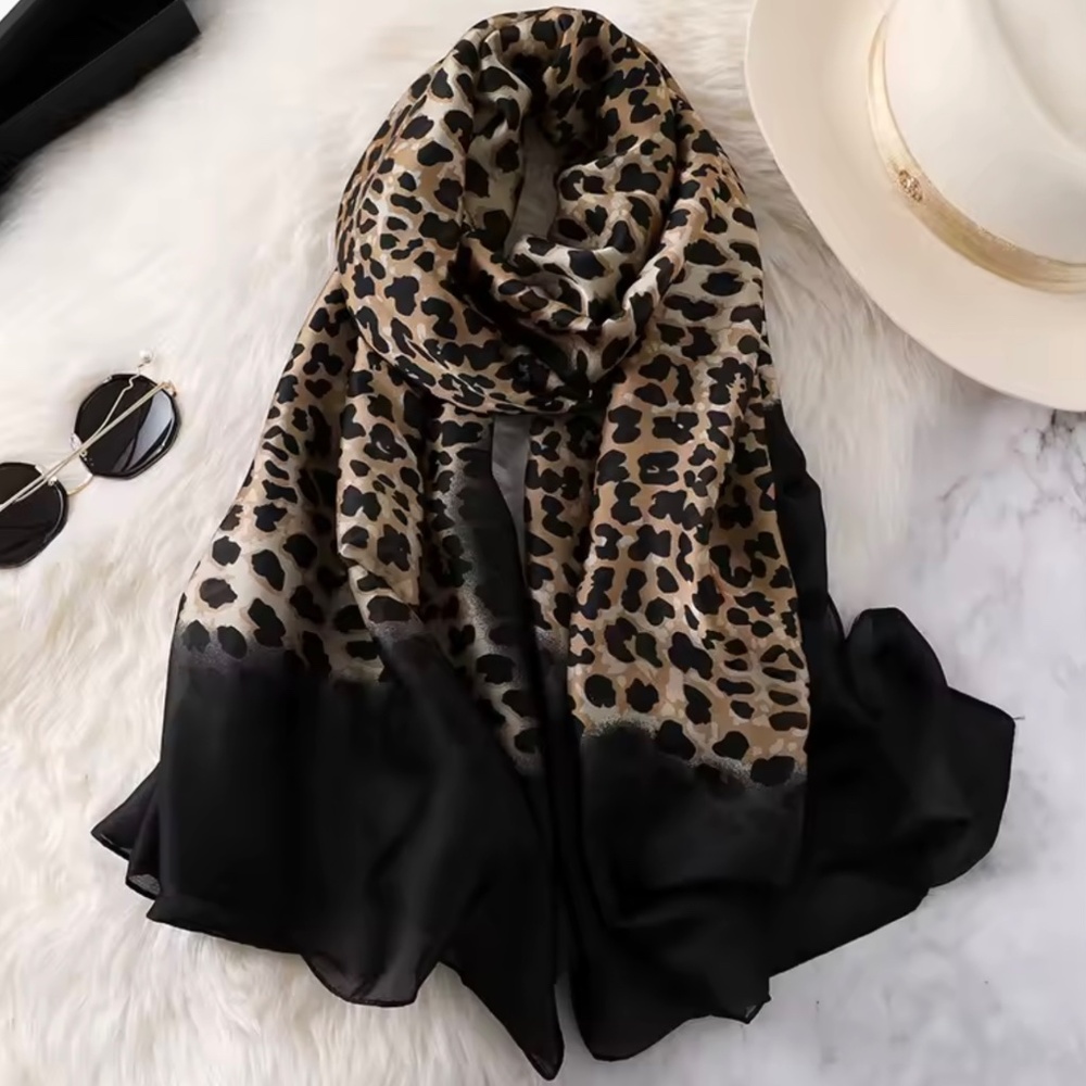 100% SILK SATIN Large Shawl Leopard Print Scarf Animal Print Wrap Coverup Gift - Picture 5 of 11